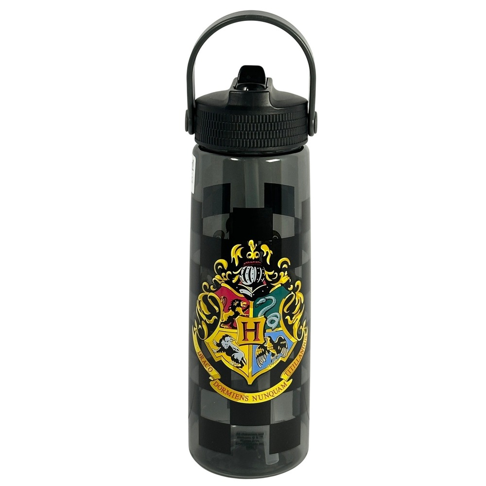 Zak Designs Harry Potter Hogwarts Crest Water Bottle 30oz Black Checkered Straw